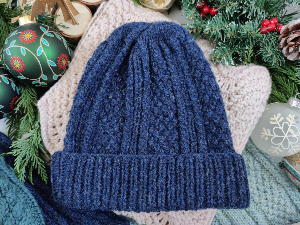 bonnet bleu gris laine shetland pour Noël